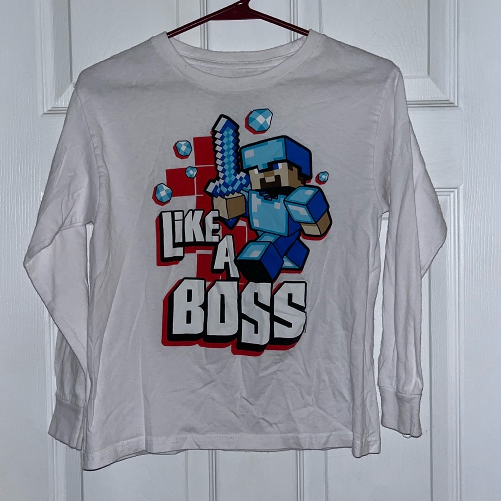 Boy’s Minecraft Long Sleeve Tshirt, size Small (6/8), white, “Like a Boss”
